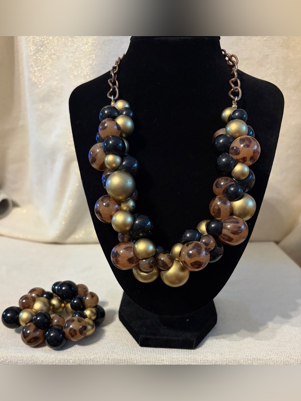 Vintage Chunky Leopard Resin & Metallic Bead Necklace - Brown Black Gold